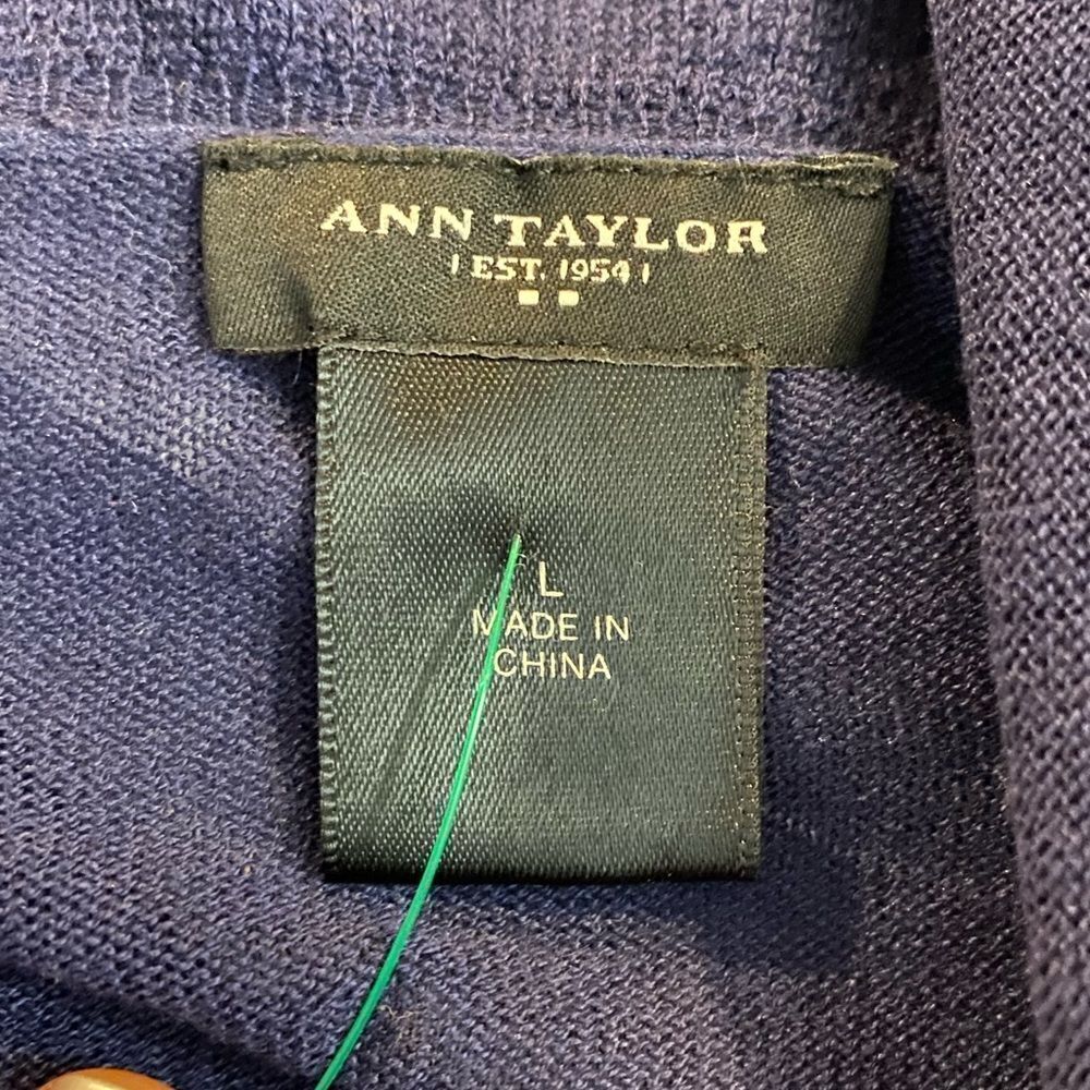 Ann Taylor navy academia ruffle shawl collar open front fine knit silk cardigan - Picture 3 of 7